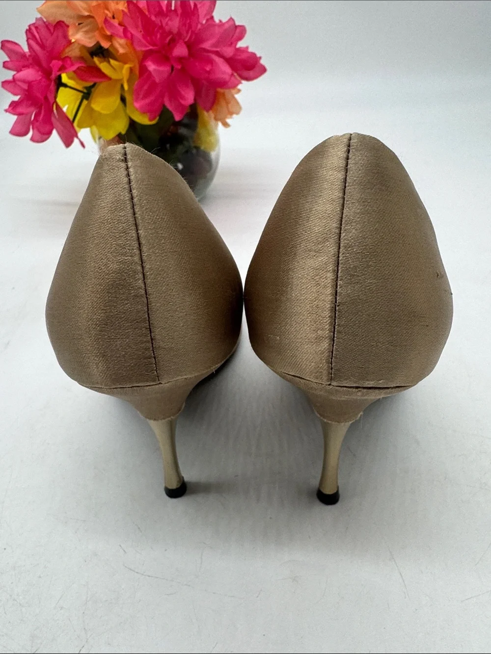 Paolo Taupe Satin Peep-Toe Heels with Bow and Rhinestone Accent 7.5 MCH10103G
